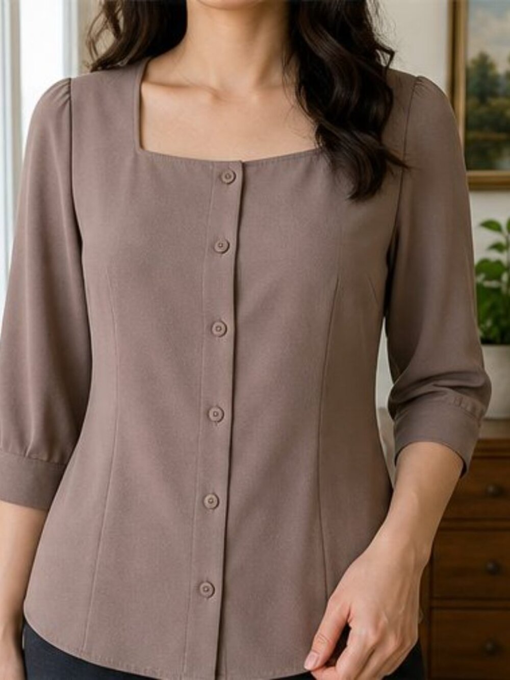 Taupe Ruffle Blouse - Picture 2 of 6